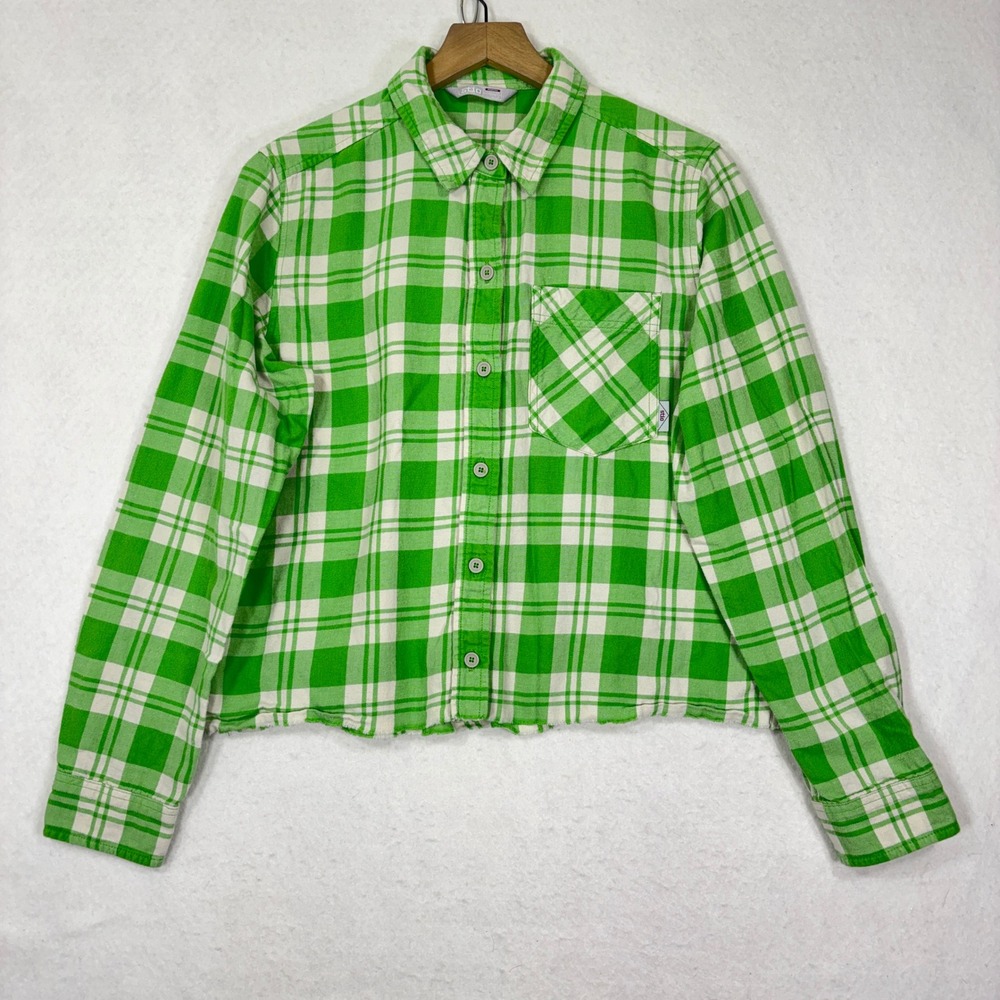 Stio Flannel Shirt Womens M Plaid Cropped Relaxed Fit Raw Hem Gorpcore Cabincore